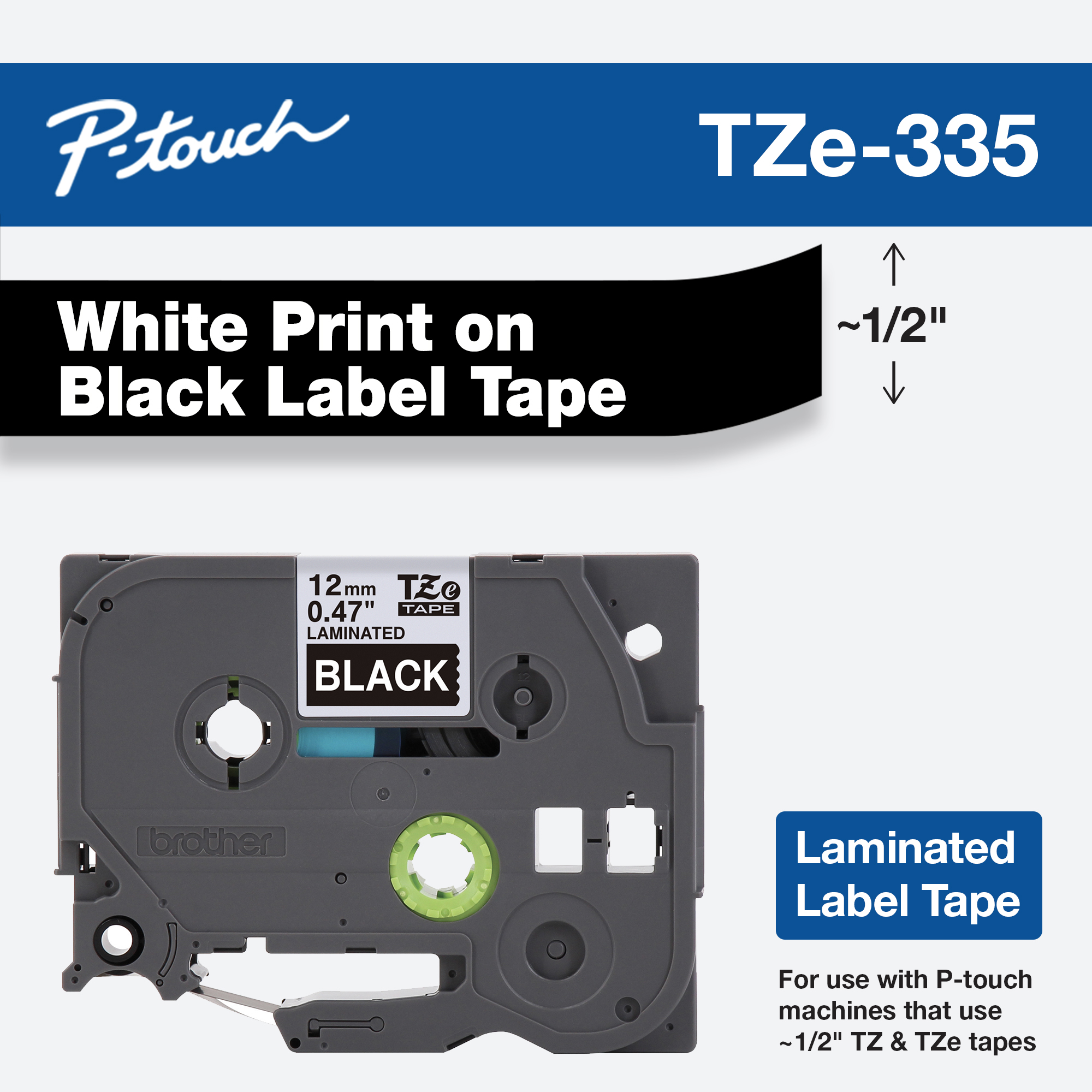 Brother P-Touch TZe335 Label Tape, 0.47" x 26.2 ft, White on Black photo 7