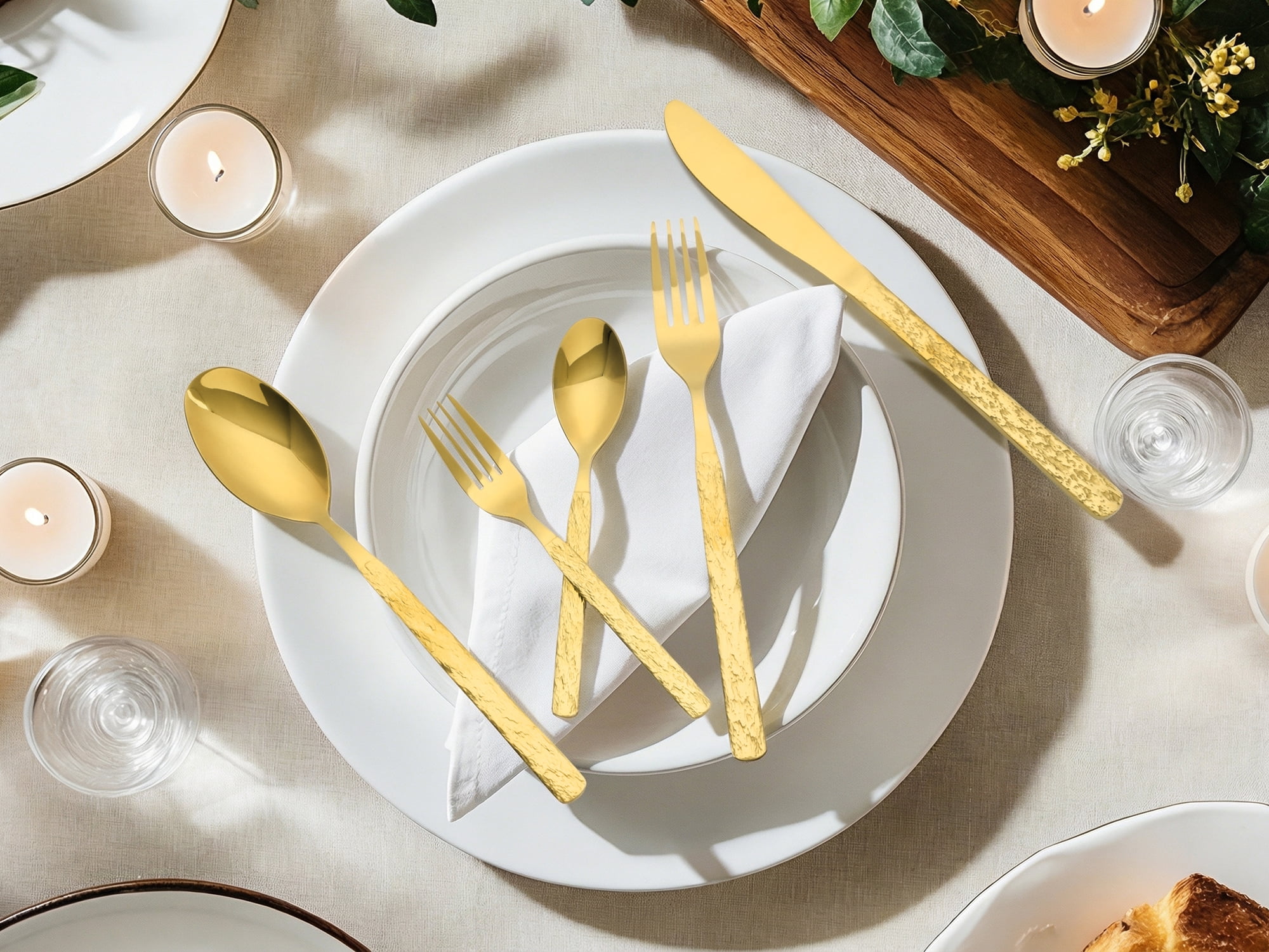 Unique Bargains Stainless Steel Mirror Polished Flatware Set for Kitchen Gold 30pcs