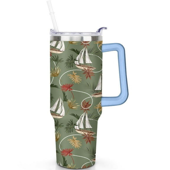 Hawaii Tropical Leaf Mug 40oz with Handle and Lid, Travel Gift for Him Her