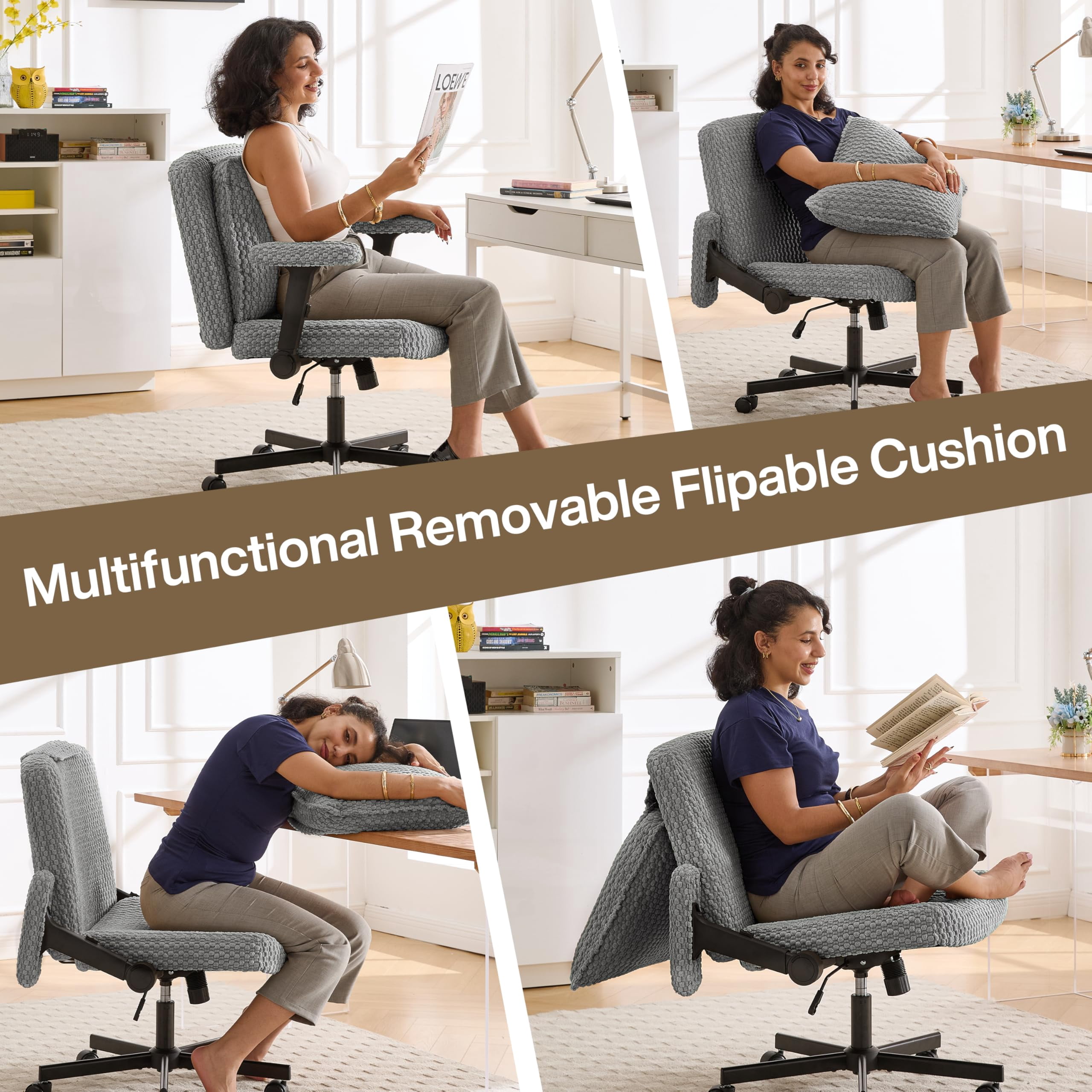 Nexthro Criss Cross Chair,Cross Legged Chair with Wheels and Arms,27" Wide Seat Office Desk Chair with Flipable Back Cushion,Mid Back Beige Swivel Chair for Home Office,Bedroom Vanity(Gray)