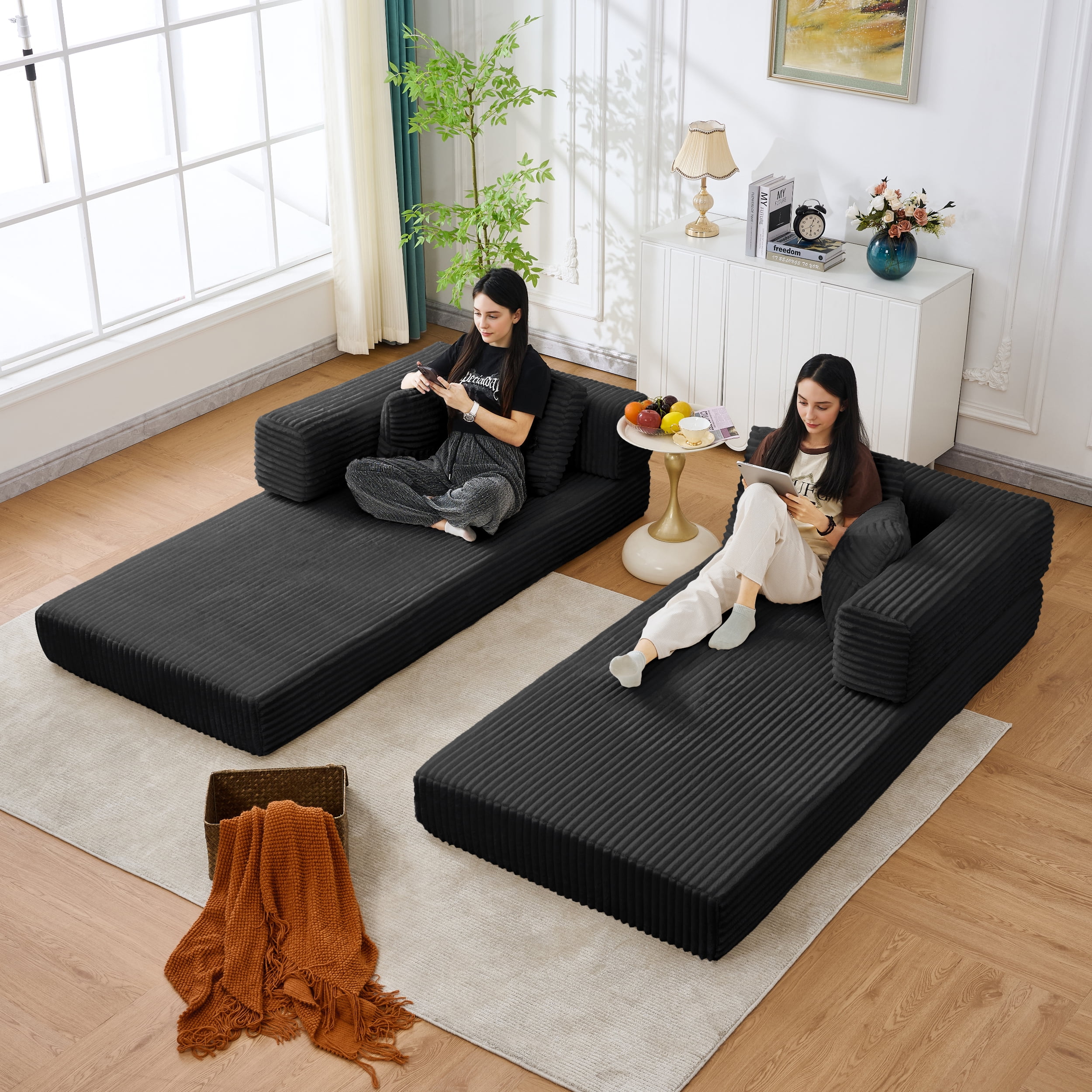 Convertible Foldable Sleeper Sofa Bed with Storage Pockets, No Assembly Folding Floor Couch with 4 Pillows, Daybed Futon, Black Upgraded