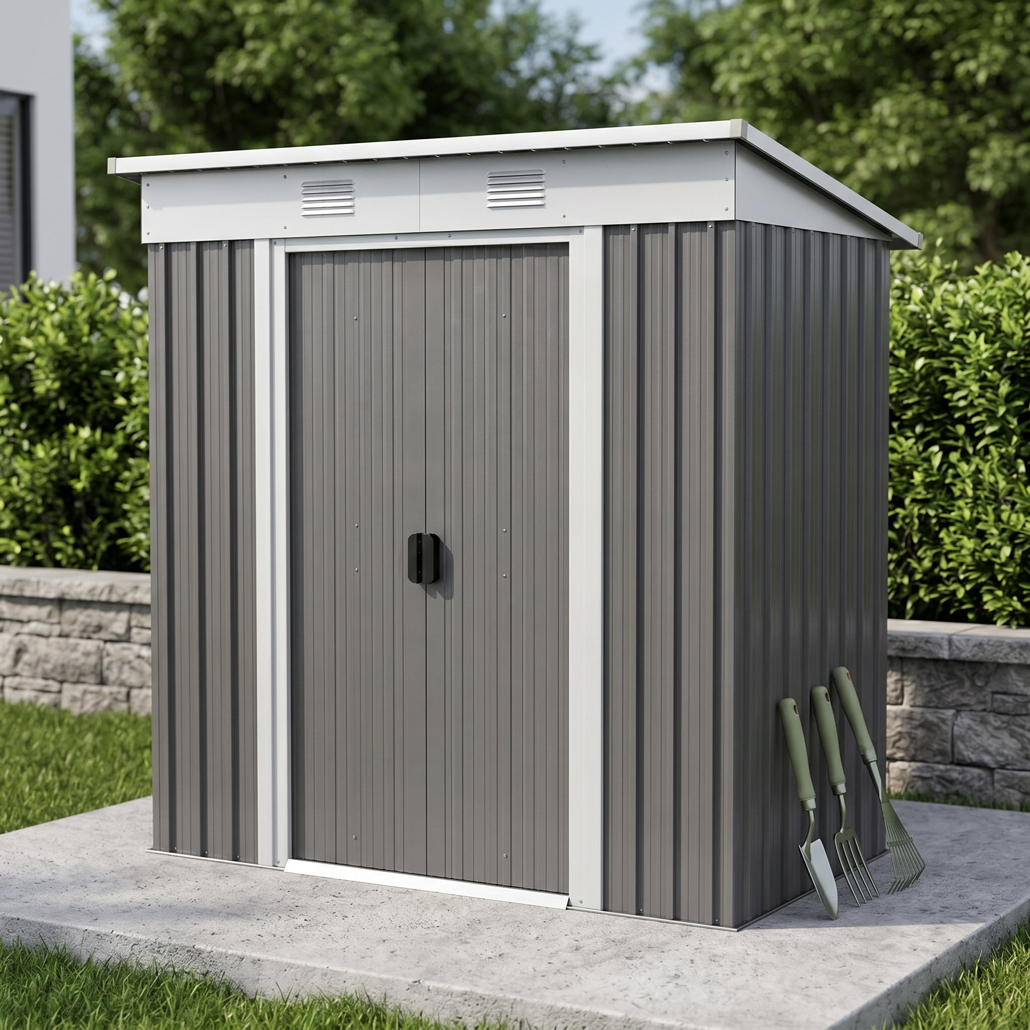 Zateety 6' X 4' Metal Lean To Garden Shed, Outdoor Storage Shed, Garden Tool House with Double Sliding Doors, 2 Air Vents for Backyard, Patio, Lawn, Gray