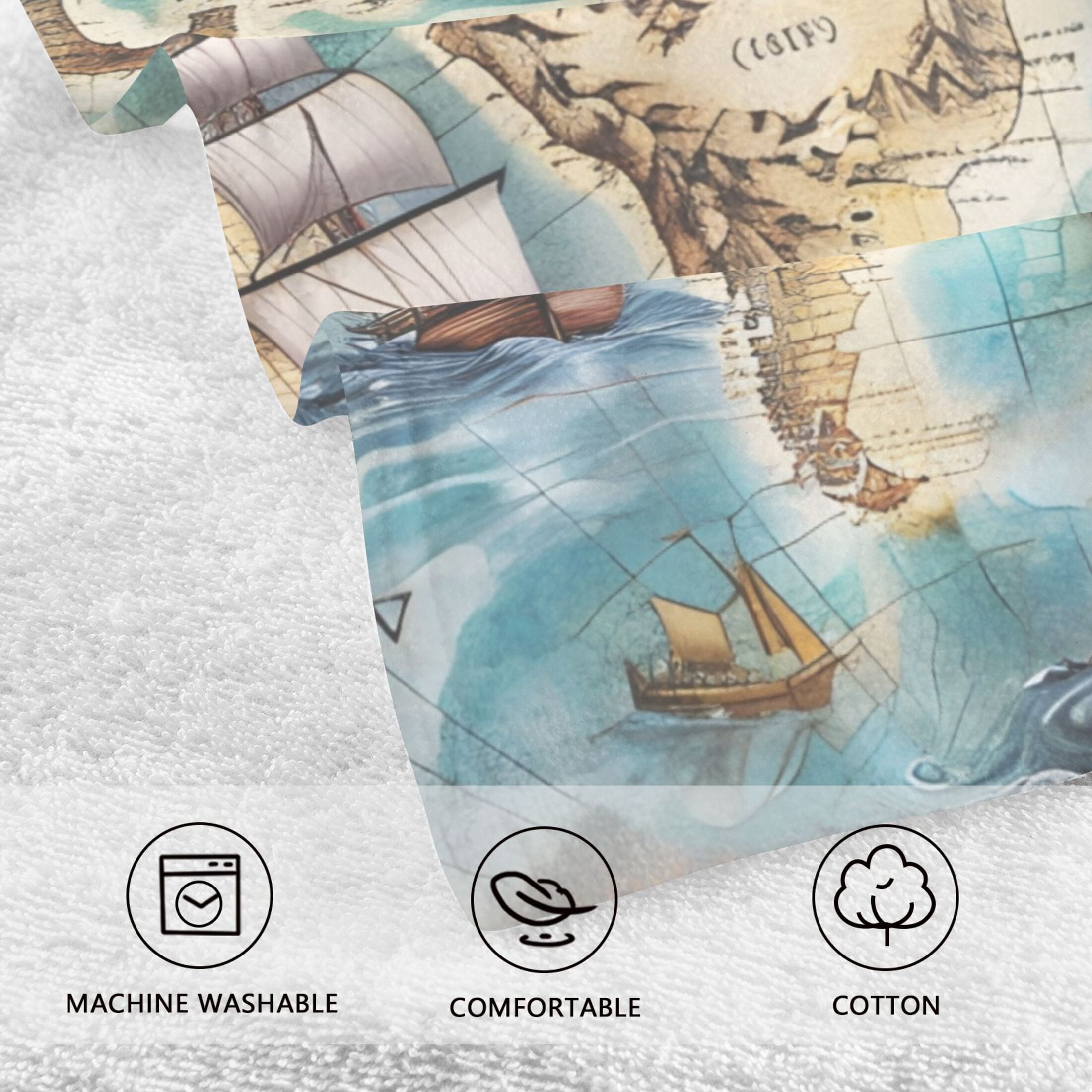 Sailing Ship and Nautical Chart 2 Pcs Hand Towel Set Cotton Absorbent Soft Face Towels Bath Towels for Bathroom Kitchen Shower Hotel Decor 16"x28"