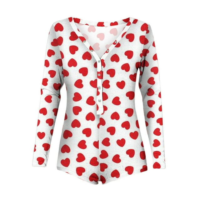 Bodysuits for Women Heart Printed Long Sleeve Button V Neck Onesie Rompers Pajamas Sleepwear Jumpsuit