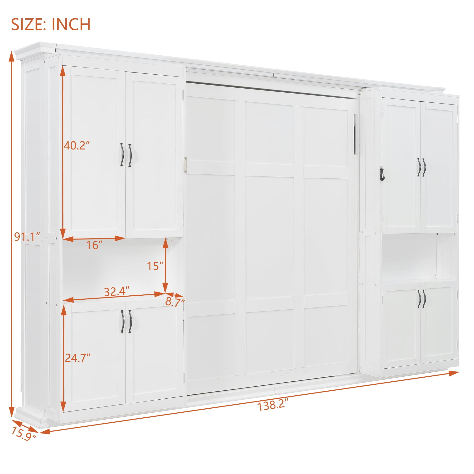 Queen Size Murphy Bed with Dual Sliding Storage Cabinets, 6-Tier Open Shelves, Space-Saving for Small Space, Guest Room