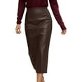thumbnail image 2 of Womens Leather Skirt Bodycon Mini High Waist Slim Pencil Skirt with Back Split Color Brown Size XL, 2 of 7