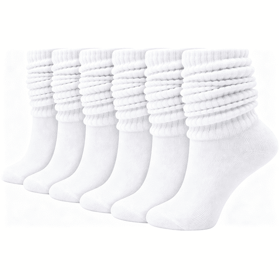 ACDANC Womens Slouch Scrunch Boot Socks, 6-Pairs Retro Cushioned Knee High Soft Knit Sock Girls Casual Athletic White Socks Women