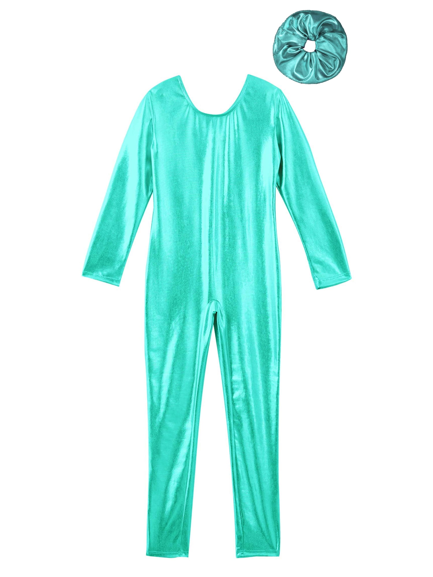 Doomiva Girls Metallic Long Sleeve Full Body Dance Leotard Bodysuit One Piece Jumpsuit with Hair Band A Lake Green 10