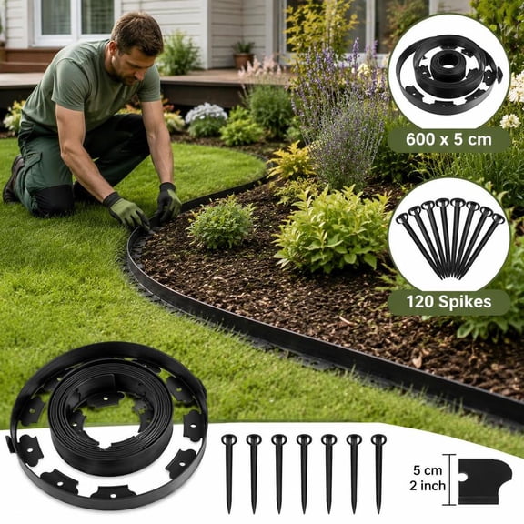 Garden Border Edging, 20 Ft X 2 In, Black UV-Resistant PE, No Dig Flexible Lawn Edging with 120 Spikes