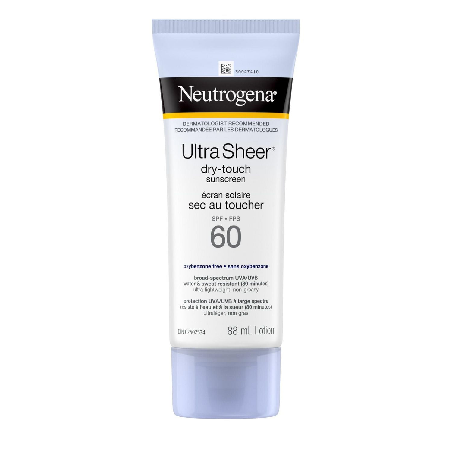 Neutrogena Ultra Sheer Dry-Touch Sunscreen Lotion, Broad Spectrum SPF 60 UVA/UVB Protection, Oxybenzone-Free, Light, Water Resistant, Non-Comedogenic & Non-Greasy, 88 mL