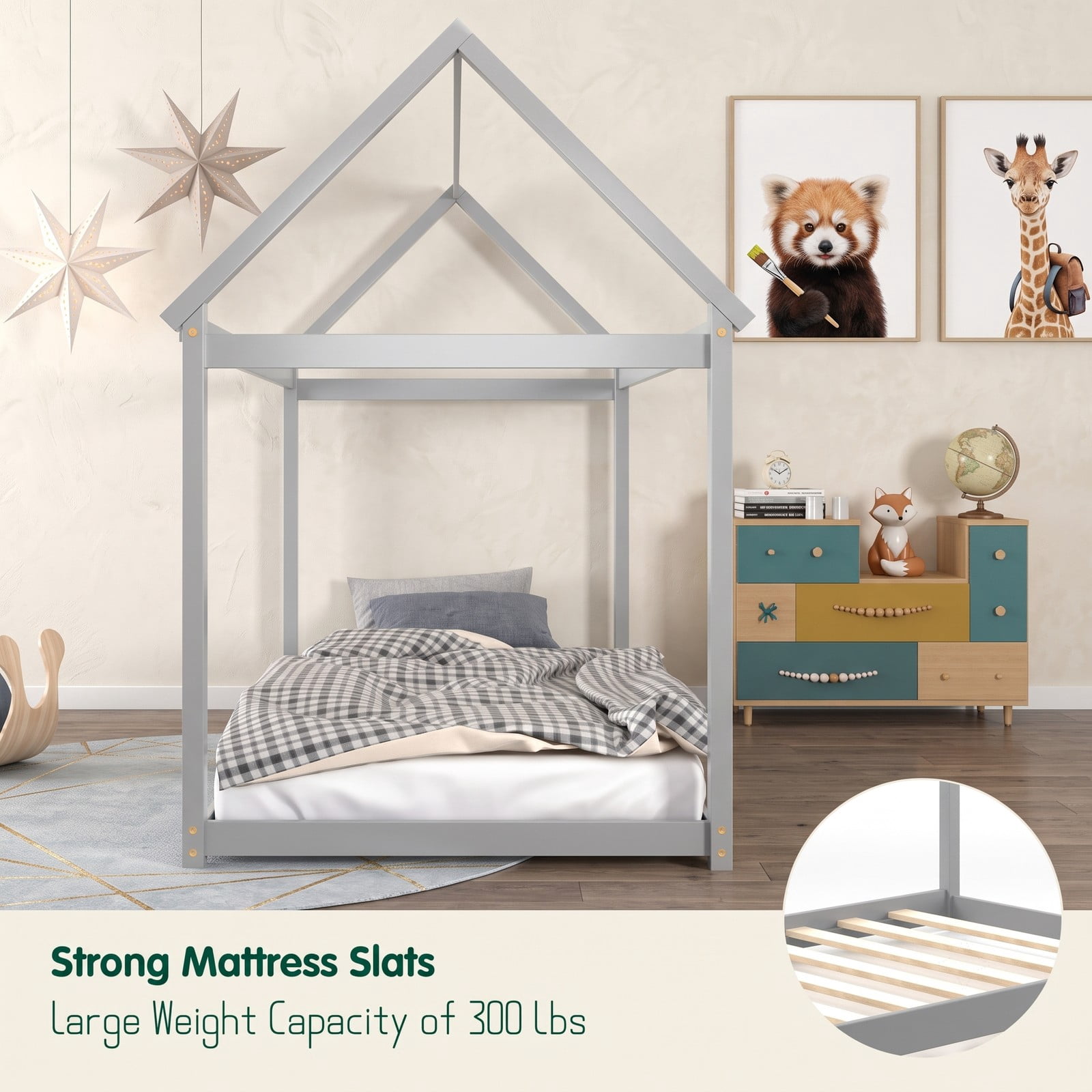 Furnibear Kids House Floor Bed Frame with Roof and Heavy-Duty Slats for Boys and Girls Bedroom with Montessori Design, Gray