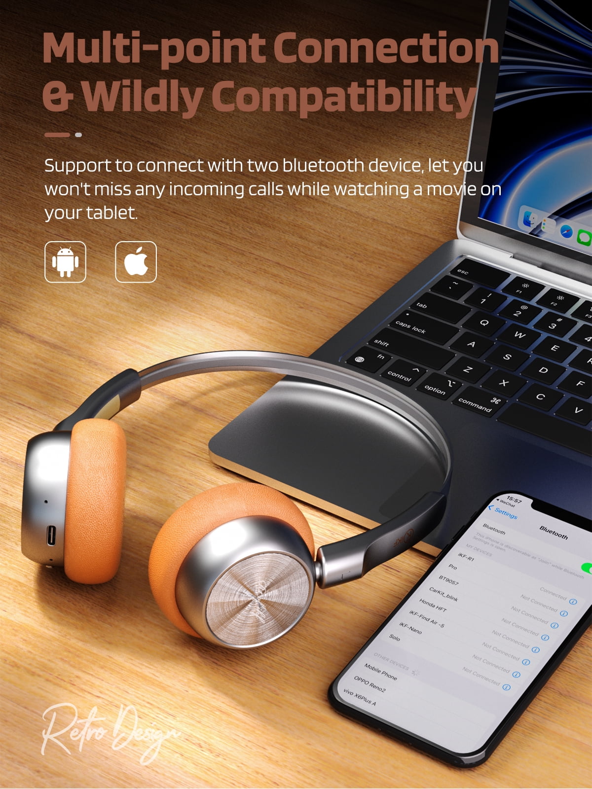 iKF R1 Wireless Retro Wireless Headphones Bluetooth 5.3 APP Custom Sound 60 Hours Playtime Game Mode Noise Isolation Built-in Microphone Throwback 80s 90s Design (Brown)