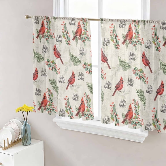 Cardinal Bird Sheer Curtains 54 Inch Length 2 Panels Set Window Treatments, Holly Branches Berry Winter Beige Rod Pocket Semi Curtains for Living Room/Bedroom/Kitchen Décor, 104"W x 54"L