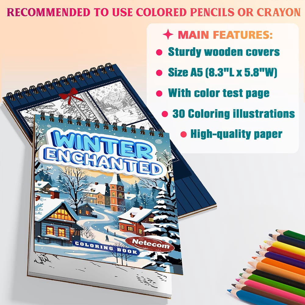 Netecom Winter Enchanted Coloring Book Spiral Bound For Adults, A5 Wooden Cover, 30 Tranquil Coloring Pages of Frozen Landscapes for Stress Relief and Relaxation