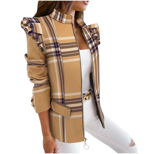 DPTALR Women Business Attire Plaid Printed Long Sleeve Button Slimming Cardigan Coat Jacket Top