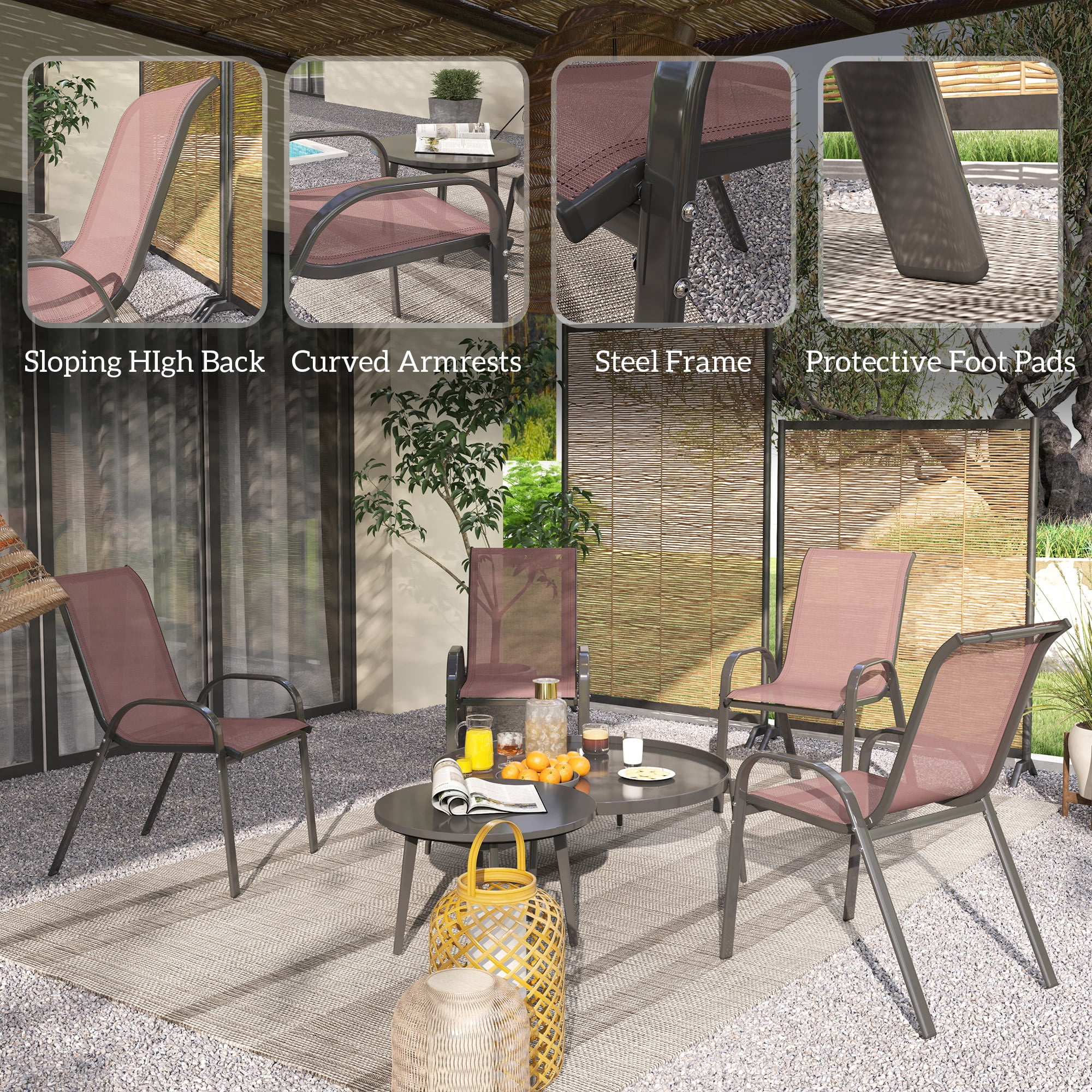Outdoor Dining Chairs Set of 4, Stackable Outdoor Patio Chairs with High Back, Breathable Mesh Seat for Garden Lawn Backyard, Brown