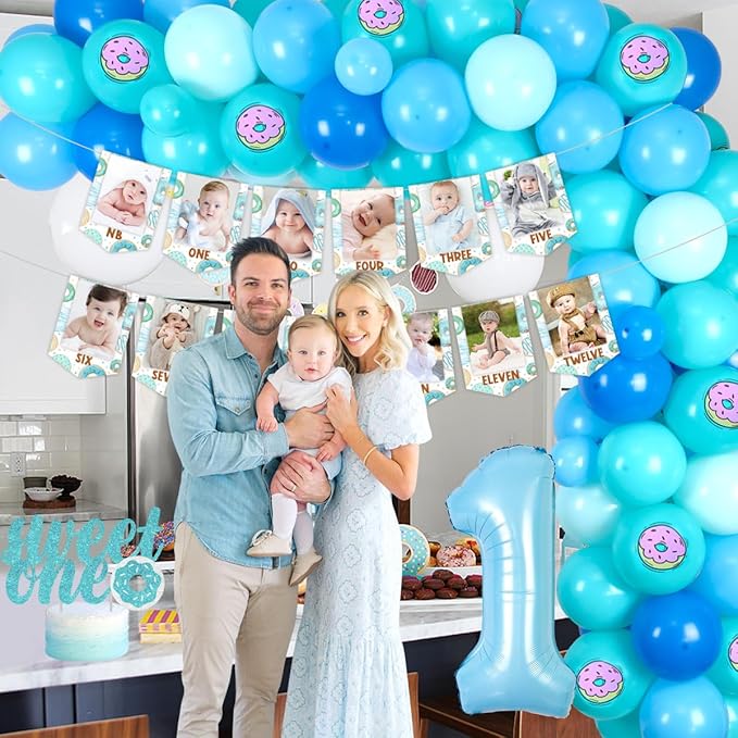 Sweet One Donut 1st Birthday Party Decors Boy Donut 1st Birthday Macaroon Blue Balloon Garland Arch Kit with Donut Photo Banner High Chair Banner, Sweet One Banner Cake Topper, Doughnut Foil Balloon