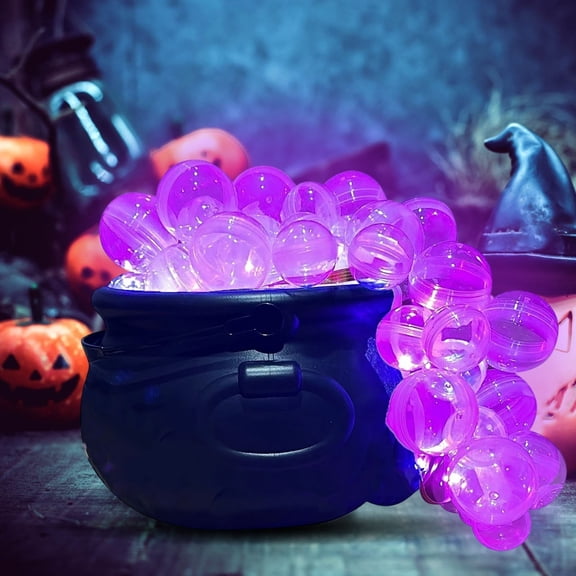 Harliver Halloween Bubble Cauldron DIY Set, 7.6" Black Plastic Witches Cauldron with Handle 30 Pcs Clear Plastic Balls and String Light Halloween Cauldron Candy Bowl Decorations (Purple)