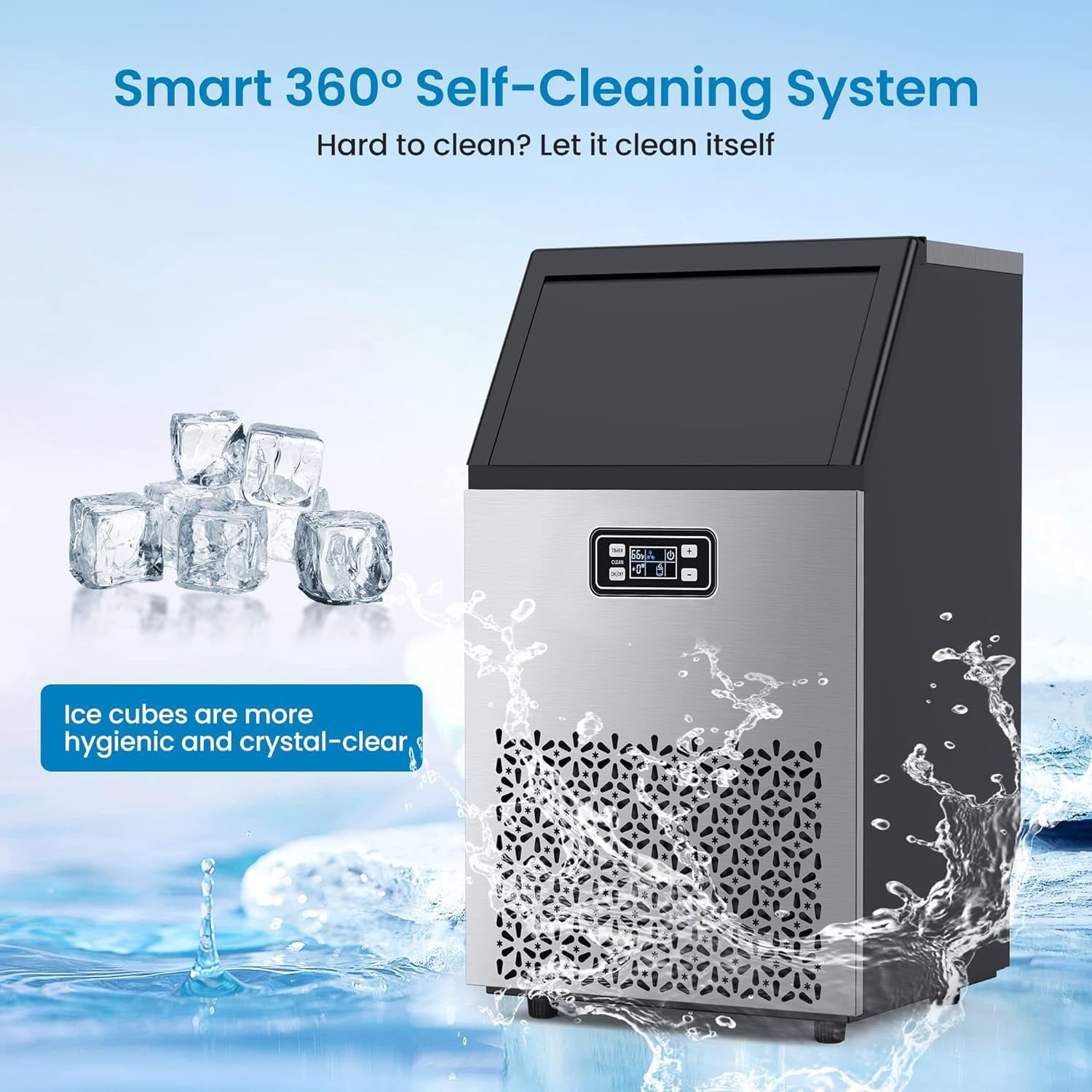 100LBS/24H Commercial Ice Maker Machine, Stainless Steel Freestanding Ice Maker with 33LBS Storage Bin - Heavy Duty Under Counter Ice Machine