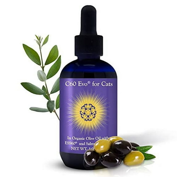 C60 Evo ESS60 Olive Oil for Cats - Organic Extra Virgin Olive Oil, Pure C60 ESS60 (.8 mg/mL) & Natural Salmon Essence to Support Your Cats’ Flexibility, Energy, Immunity, Longevity - 3 oz