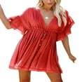 thumbnail image 1 of Bouton Femmes vers le Bas V Cou Volant Mini Robe Décontracté Cordon de Taille Robe Courte avec Poche, 1 of 6