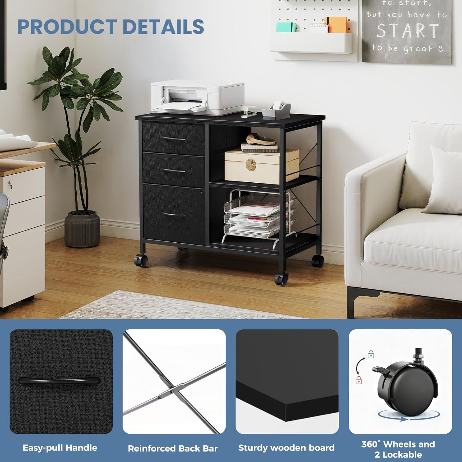 Bigleap 3-Drawer Mobile File Cabinet, Rolling Storage Cabinet with Open Shelf, Fabric Filing Cabinet for Home Office, Under-Desk Storage, Black