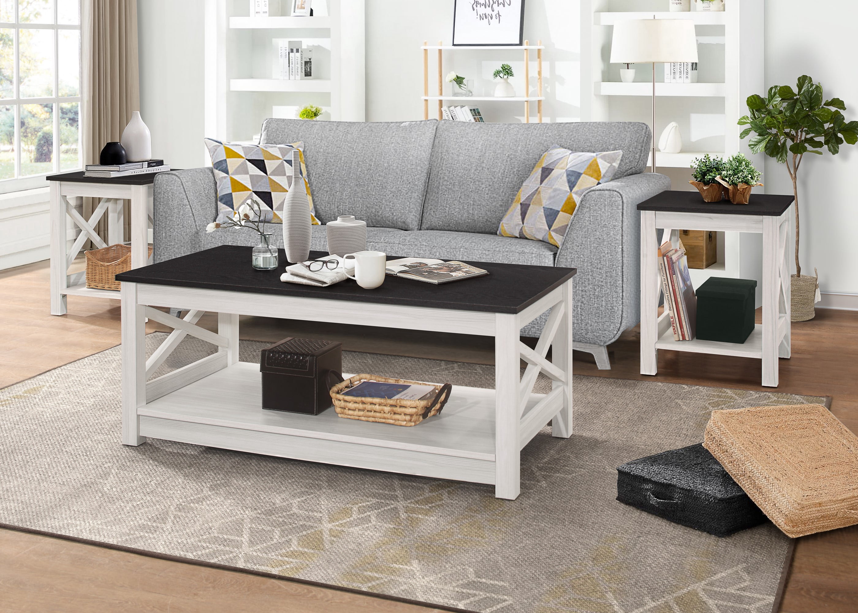 Home Design Wayne 3-Piece Coffee Table Set with 1 Rectangular Coffee Table and 2 Square End Tables, X-Shaped Side Design with Open Shelf for Living Room, Natural Oak/Black