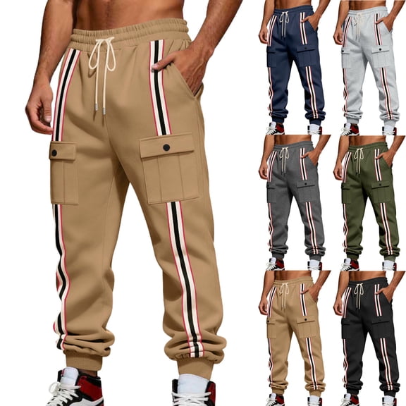 FRSASU Men's Striped Cargo Sweatpants Drawstring Waist Wide Leg Track Pants Casual Trousers Streetwear Navy
