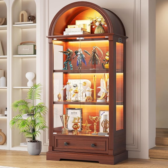 Dystler Curio Cabinet with Glass Doors & LED Lights | 72" Tall, Arched Display Cabinet, Human Sensor Lights, 4-Tier Large Shelf, Display Case for Collectibles