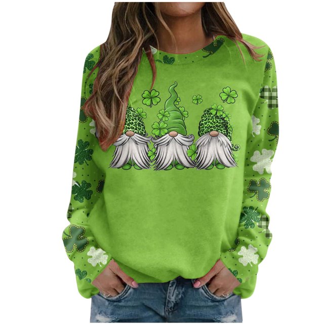 QIPOPIQ Chandails à Manches Longues pour Femmes St. Patrick's Day T-Shirts T-Shirt Trèfle T-Shirt Vert Tee St Patricks Day Chemises Tunique Col Rond Hauts Amples Chandail Chemises des Fêtes T-Shirts Graphiques Aubaines