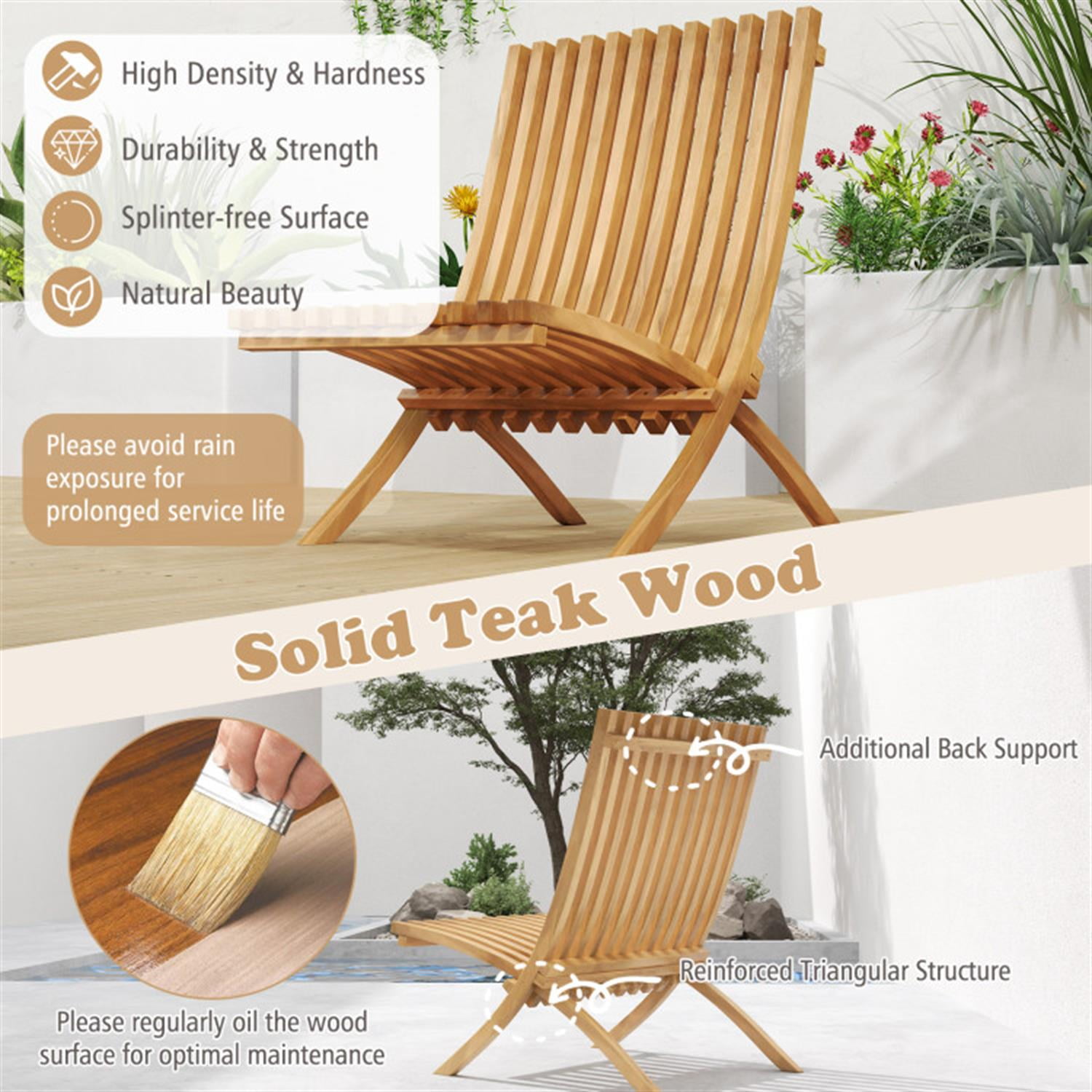 Demi Bonn Folding Teak Wood Outdoor Lounge Chair with Slatted Seat and Backrest, Patio Accent Furniture Dining Chairs for Yard, Garden, Beige