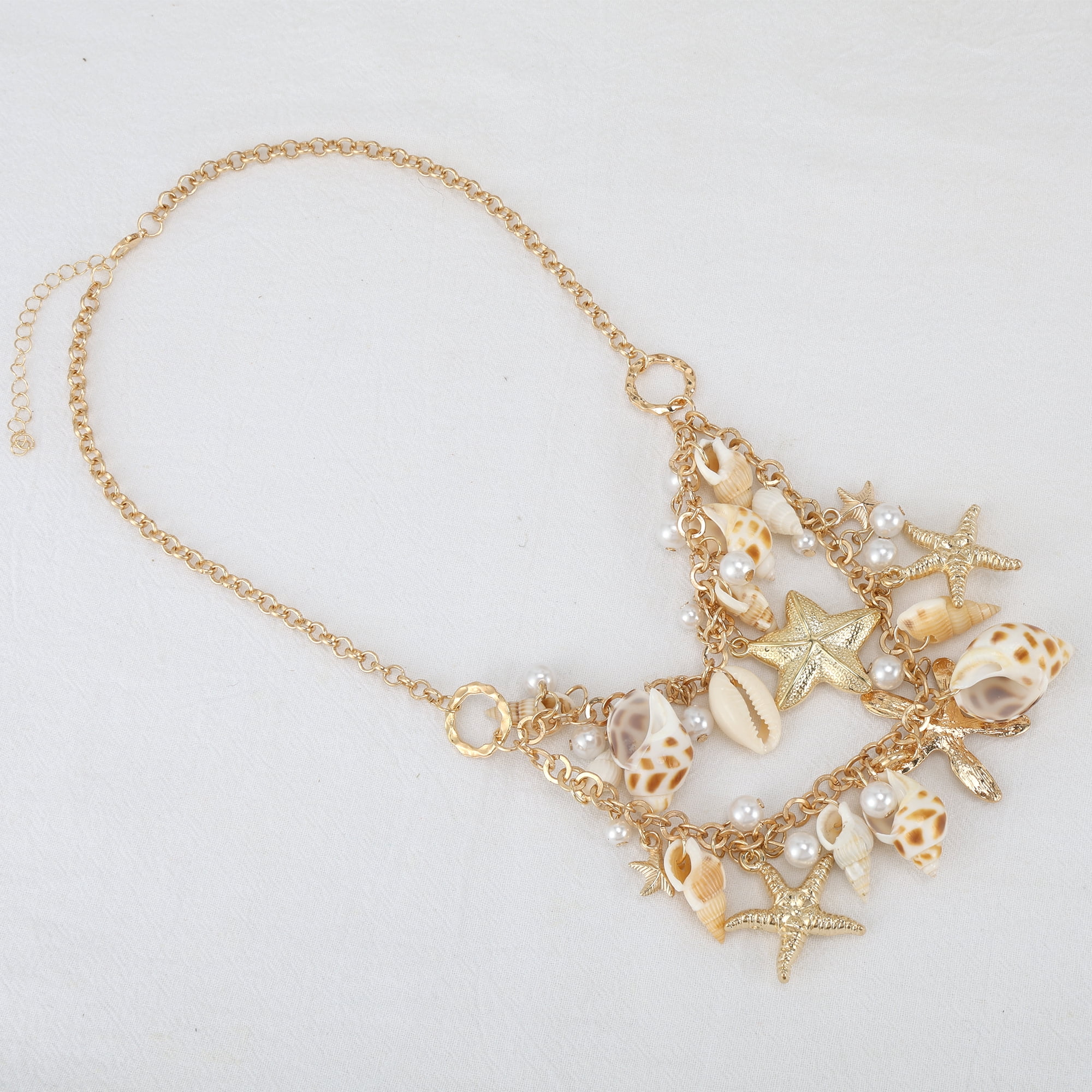 Unique Bargains Stylish Starfish Conch Pendant Necklace for Daily Life Gold Tone 1 Pcs