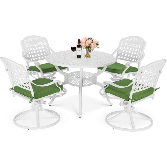 MEETWARM 5-Piece Outdoor Patio Dining Set, All-Weather Cast Aluminum Patio Conversation Set with 4 Cushions Swivel Rocker Chairs for Backyard Garden Deck and 38.5" Round Table, White