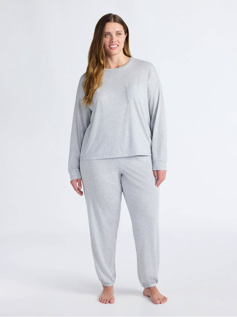 Joyspun Women's Cotton-Blend Long Sleeve Top and Joggers Pajama