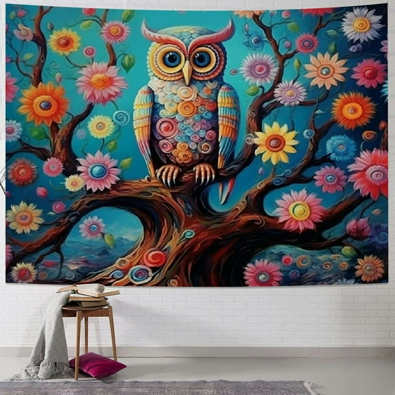 Creowell  Colorful Owl Tapestry Funny Bird Sitting Branch Tree Boho Floral Green Leaves Spring Plant Abstract Tapestries Wall Hanging for Bedroom Living Room Dorm Background Cloth 40x30inch