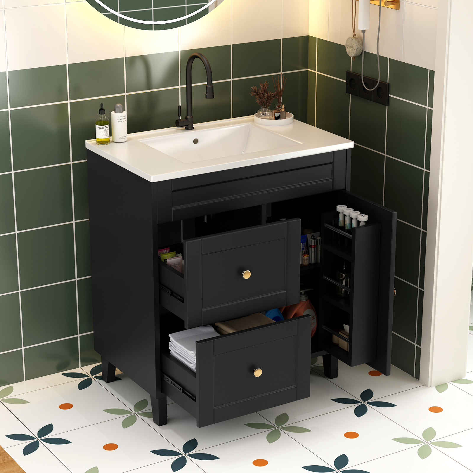 36-inch Bathroom Dressing Table with Sink, Modern Bathroom Washbasin Cabinet with 2 Drawers and 1 Door, Bathroom Storage Dressing Table with Netal Handle, Black