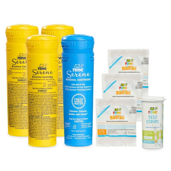FROG Serene Cartridge Kit with FROG Maintain & Hot Tub Test Strips - Includes 3 Bromine Replacements & 1 Mineral Replacement - Hot Tub Sanitizer for Easy Maintenance