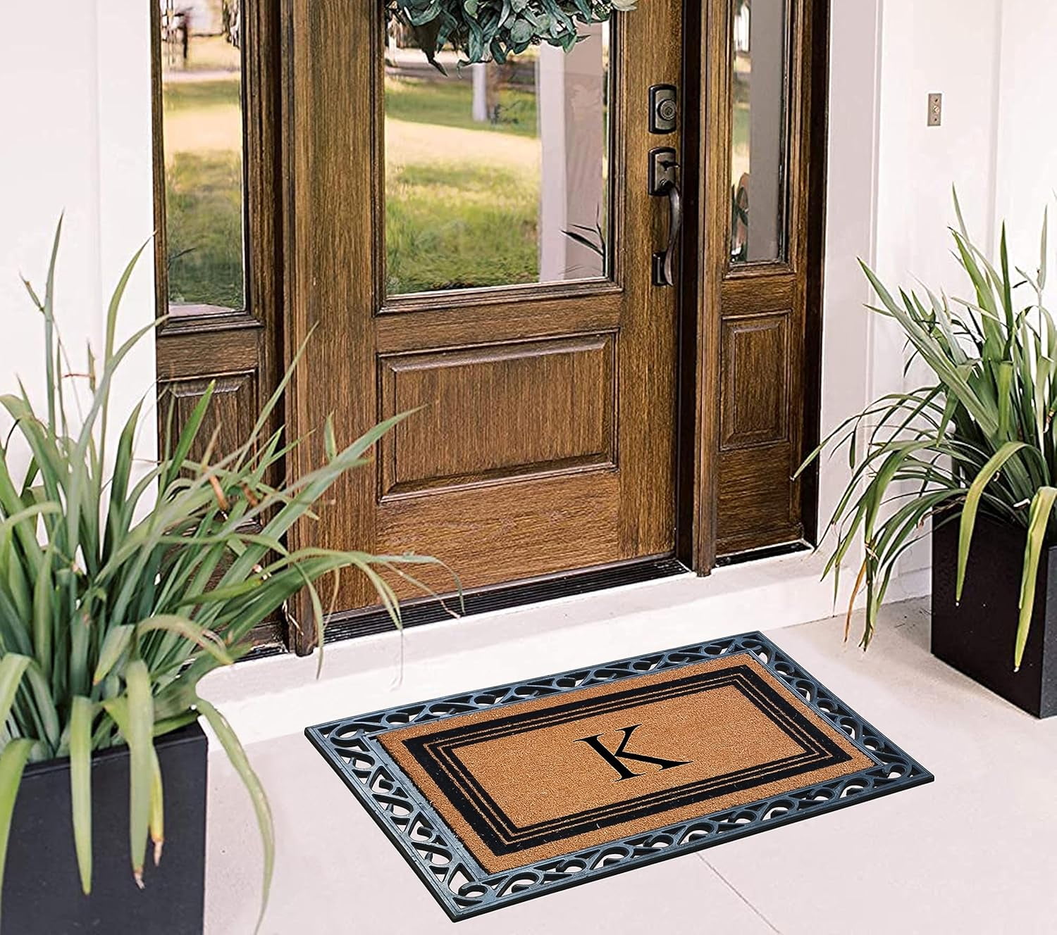 A1HC Natural Coir Monogrammed Front Door Mat, Non-Slip Heavy Duty Durable Doormat for Indoor Outdoor Entrance - 24" X 36"