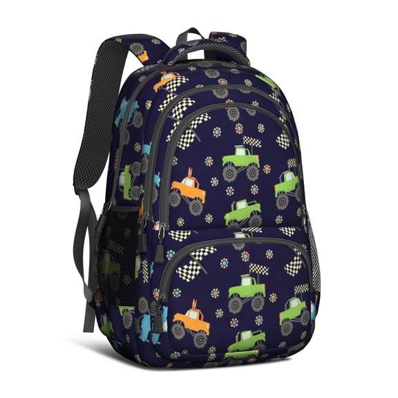 Monster Cartoon Truck Black Pattern Cute School Backpack Bag with Padded Back and Adjustable Shoulder Straps 16.9 X 12.6 X 5.9 Inches