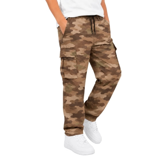 Rggeeun Boys Child Pants Cargo Pants Colorful Print Tapered Hem Ankle Length Multiple Pockets Relaxed Fit Drawstring Elastic Waist Outdoor Activities Casual Trousers,Brown,7-8 Years