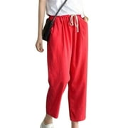 LINGOGO Womens Ladies Harem Cropped Pants Elastic Waist Darwstring Solid Linen Casual Pockets Trousers Plus Size