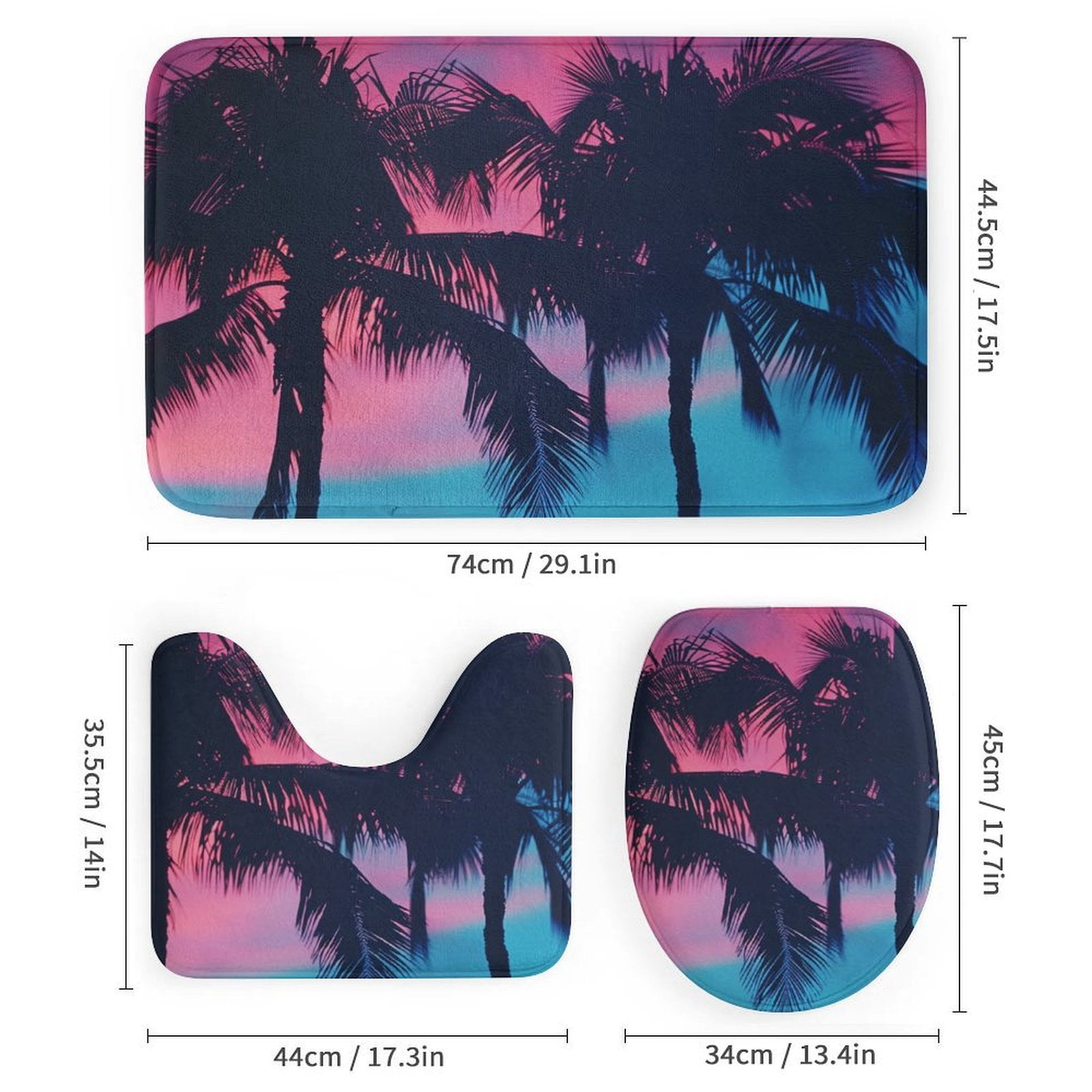 4 Piece Bathroom Rug Set with Shower Curtain Bathroom Sets with Curtain,Rug,Toilet Cover and U Shaped Mat Palm Trees in Pink Sky Bathroom Decor Shower Summer Tropical Palm Trees