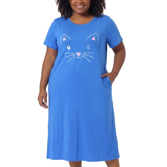 Agnes Orinda Women's Plus Size Nightgowns Crew Neck Short Sleeves Sleep Dress Cats Print Pajamas Lounge Home with Pocket 1X Blue
