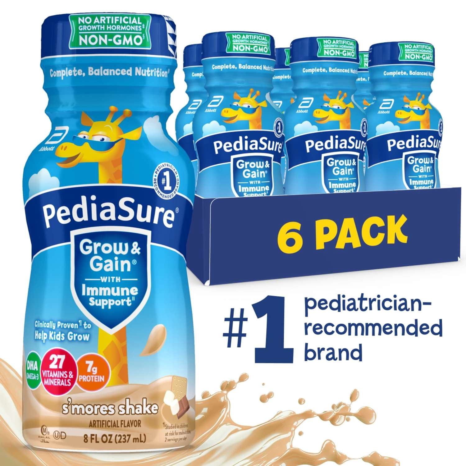 (2 pack) PediaSure Grow & Gain with Immune Support, 7g Protein, S'mores, 8-fl-oz Bottle, Pack of 6