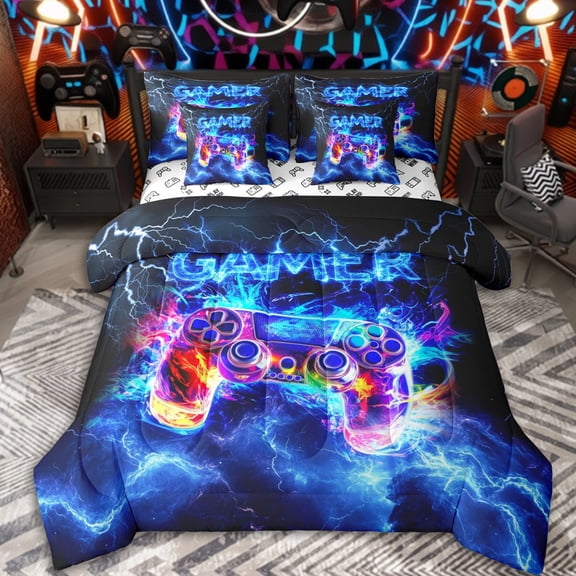 Erosebridal Kids Lightning Flame Video Game Twin Bedding Sets 7-Piece,Teens Boys Game Controller Gamepads Bedding Comforter Set,Luxury Bedroom Decor