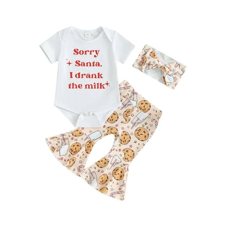 

Suanret Baby Girls Christmas Clothes Letter Print Short Sleeve Romper Pattern Flare Pants Bow Headband Outfit White 3-6 Months