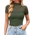 thumbnail image 3 of Trendfront Womens Summer 2026 High Neck Short Sleeve Tops Solid Color Plain Sheer Style Tees Y2K Fashion Apparel Wear T-Shirts, 3 of 9