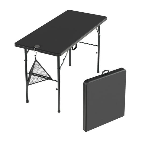VECELO Folding Table For 4 with Mesh Bag and Hook, Indoor&Outdoor Portable Plastic Table, Fold-in-Half for Parties, Camping, Events & Outdoor Gatherings, Black