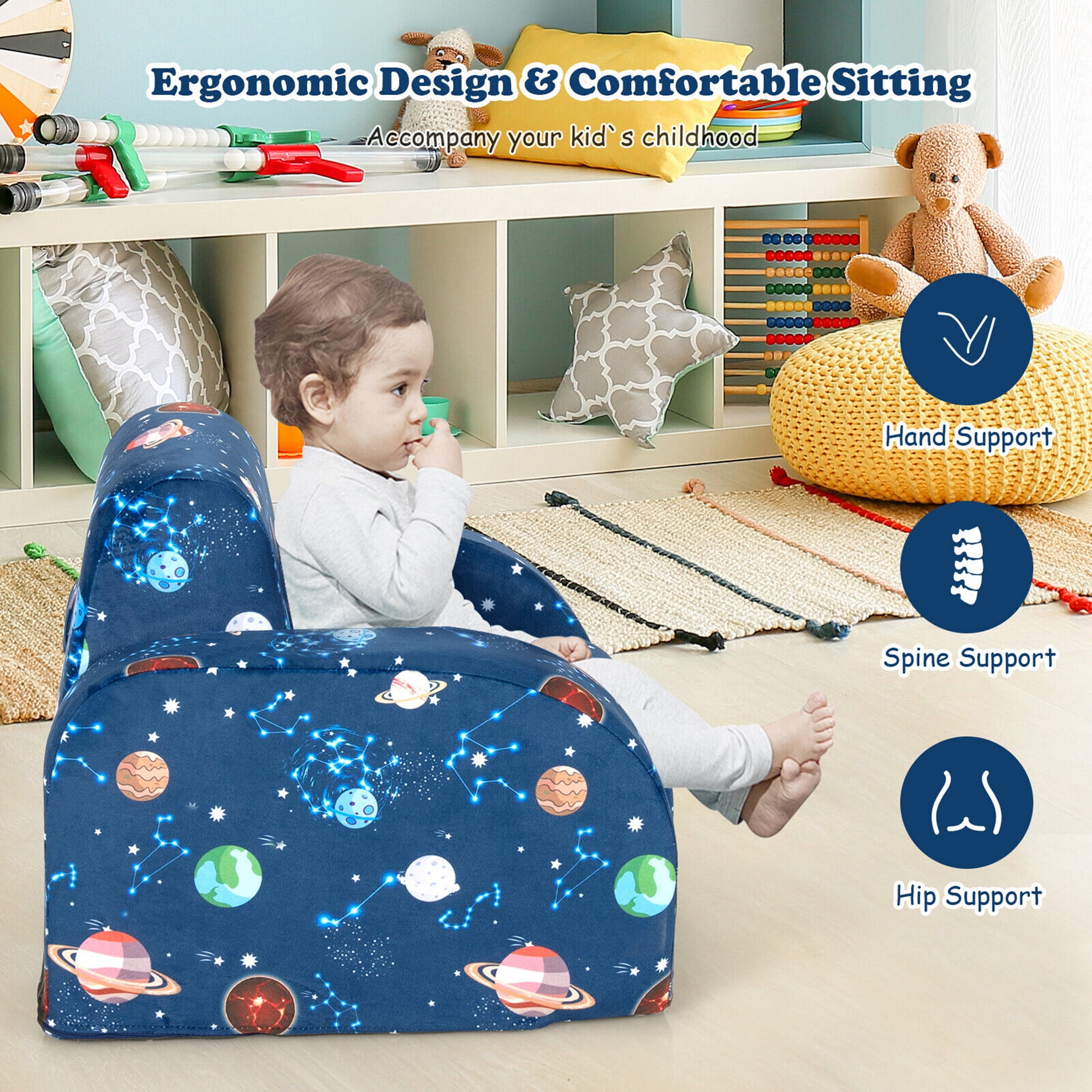 Gymax 3-in-1 Convertible Kid Sofa Bed Flip-Out Chair Lounger for Toddler Blue