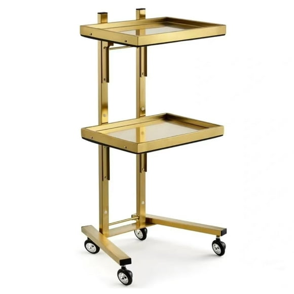 2-Tier Metal Rolling Cart - 34&quot; Salon Tray on Wheels, Folding Stainless Steel Trolley for Estheticians, Salon Studios, and Shops, Gold